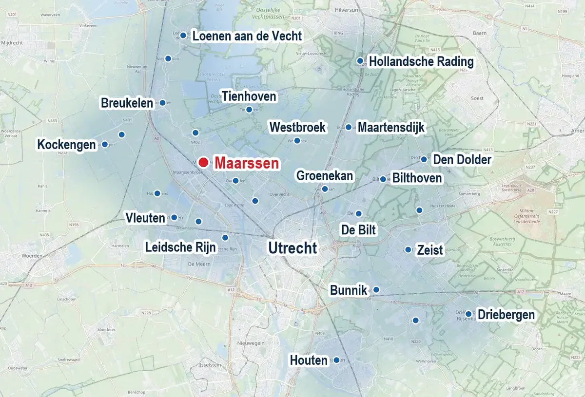 Kaart van het werkgebied rond Maarssen en Utrecht, met alle plaatsen waar Marc werkt